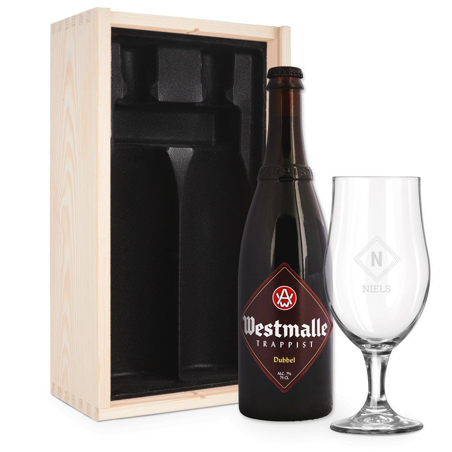 Slot klok koppeling Bierpakket met gegraveerd glas - Westmalle Dubbel - Gadgets Kopen